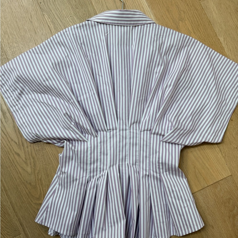 Anthropologie Exquise Striped Button-Up Peplum Shirt in Lavender and White - Picture 2 of 5